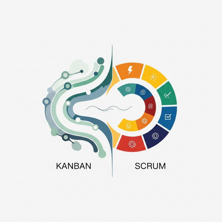 An abstract square image illustrating the theme "kanban vs scrum," featuring simplified visual elements that represent workflow and task organization differences between the two project management methods.
