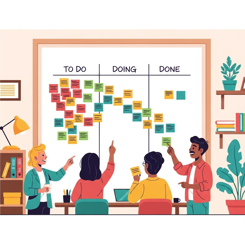 A vibrant and approachable illustration of a project management board with colorful sticky notes progressing through stages like 'To Do', 'Doing', and 'Done'. A small, diverse team collaborates enthusiastically in a casual office or home setting, emphasizing teamwork and organized workflow.