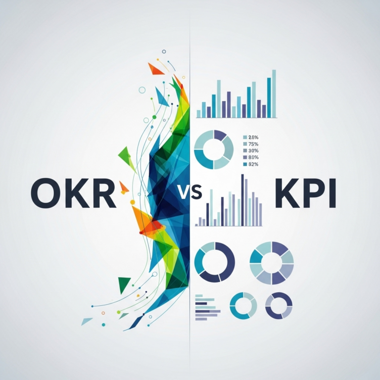 The alt description is: An abstract square image featuring interconnected geometric shapes and vibrant colors symbolizing the comparison and relationship between OKR vs KPI for a blog post on understanding their essentials.