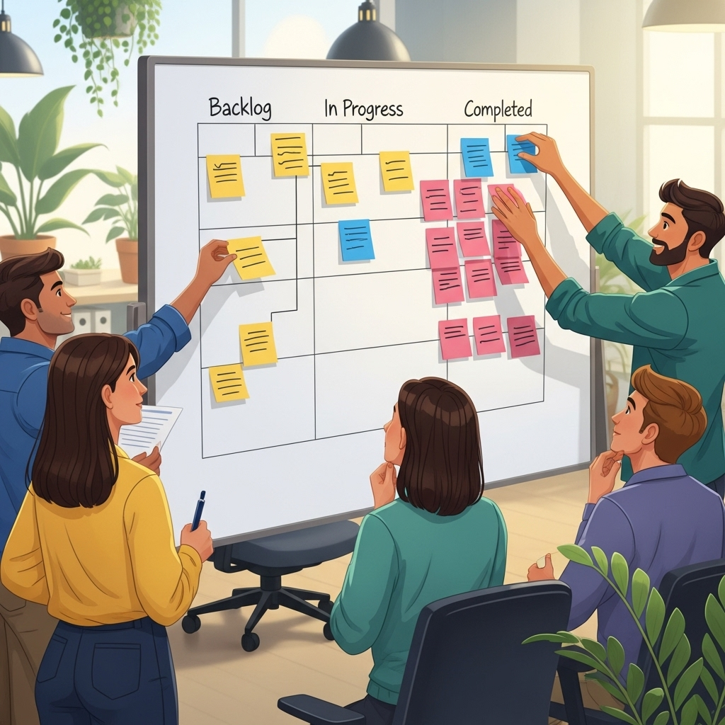 An inviting illustration depicting people interacting with a kanban board, gently moving sticky notes across columns representing different workflow stages, either on a wall or a digital tablet, emphasizing ease of use and collaboration.