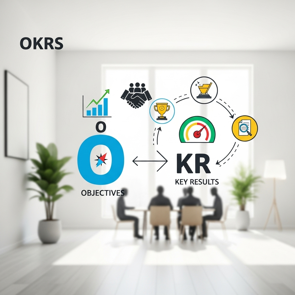 A clean and approachable illustration showing stylized icons representing objectives, measurable targets, and teamwork within a modern office environment, designed to visually communicate key concepts to non-technical business teams.