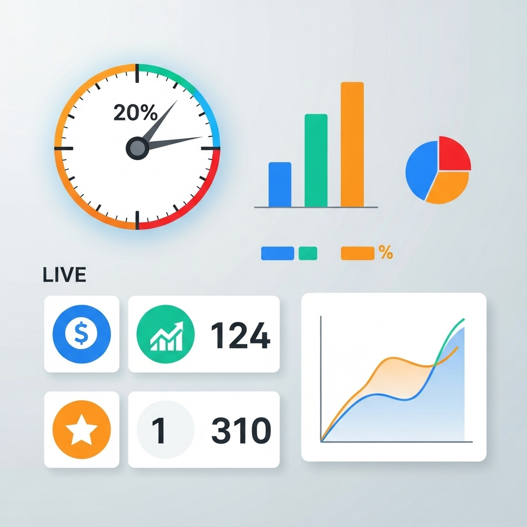 A clear and beginner-friendly illustration of a KPI dashboard featuring visually appealing charts, graphs, and dials that suggest live tracking of business data, designed with a professional yet inviting style suitable for a non-technical audience.