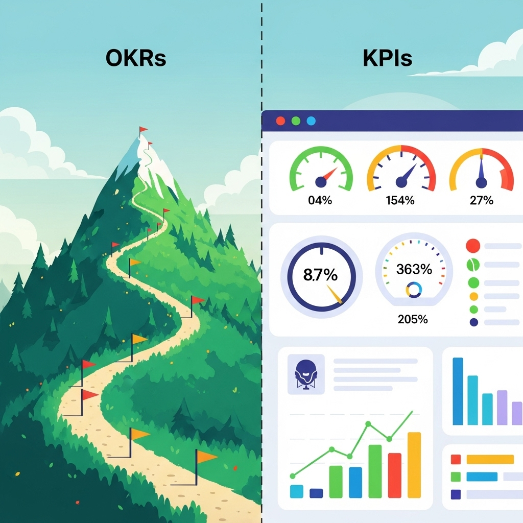 An illustrated side-by-side comparison featuring a tall, winding mountain symbolizing goal-setting and growth on one side, and a sleek, colorful dashboard with gauges and indicators on the other, representing performance tracking. The playful, minimalist design uses metaphoric imagery to highlight the distinct functions of each concept without any text labels.
