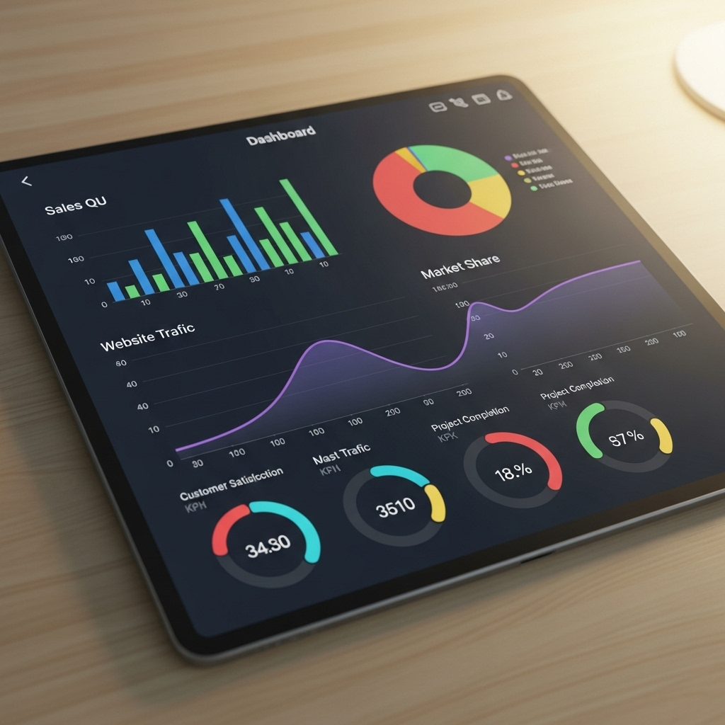 A sleek, modern digital device displaying a minimalistic dashboard featuring vibrant graphs and pie charts that visualize business data analytics for a general business audience.