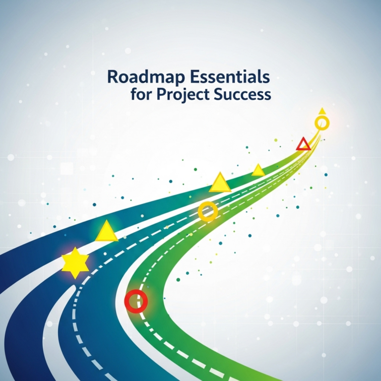 A square abstract illustration featuring interconnected lines and nodes in vibrant colors, symbolizing a strategic roadmap essential for project success.