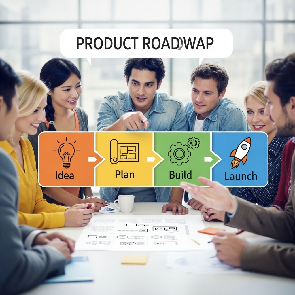 A vibrant and simplified timeline illustration displaying key project phases—idea, plan, build, and launch—designed to be easily understood by beginners, with a diverse group of people gathered around and engaging in discussion.