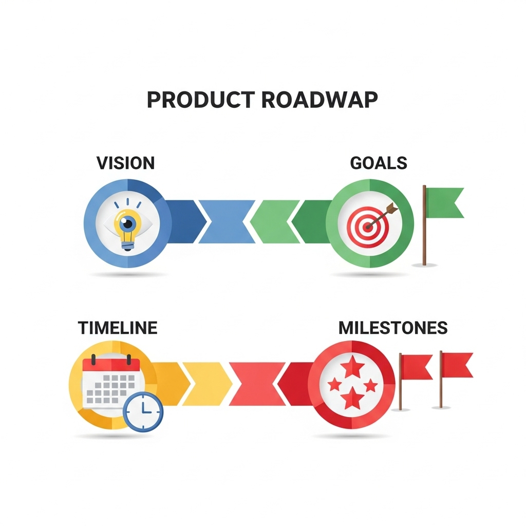 An illustrated diagram showing the key elements of a product plan, featuring icons representing vision, goals, timeline, and milestones. The design uses clear sections and simple visuals with a friendly, accessible style, aimed at non-technical viewers.