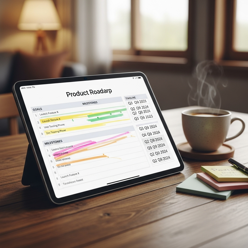 A digital tablet displaying a filled-out template with columns for goals, milestones, and timelines, set on a table alongside a cup of coffee and some handwritten notes, creating a relaxed and user-friendly planning atmosphere.