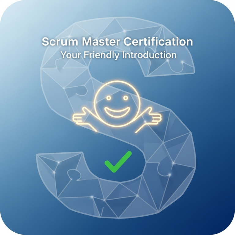 An abstract square image featuring modern geometric shapes and soft colors, symbolizing collaboration and guidance, representing a friendly introduction to scrum master certification.