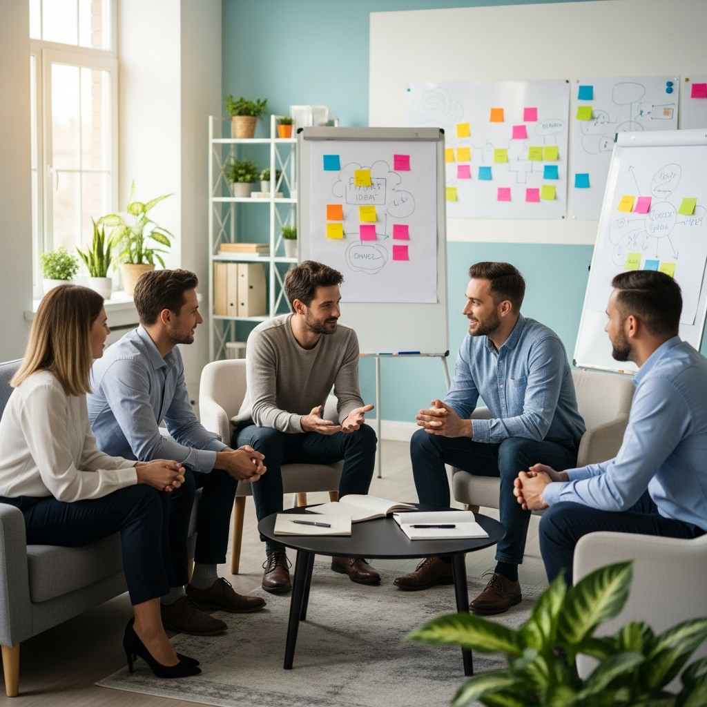 A diverse group of professionals seated in a circle in a bright, modern office space, engaging in a collaborative discussion with one person guiding the conversation. The background includes colorful post-it notes and whiteboards, creating a warm and inviting atmosphere.