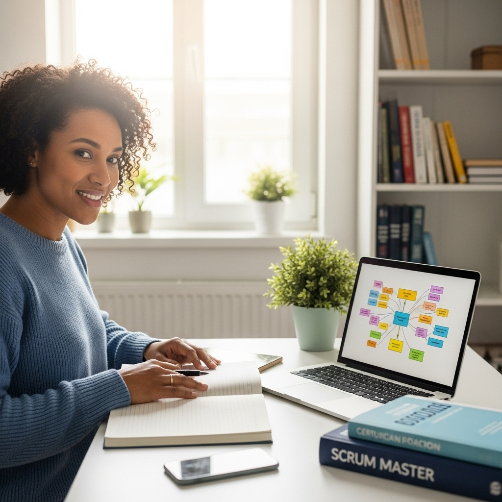 An adult learner sitting at a clean desk at home, confidently studying with a laptop and an open notebook, surrounded by a calm and focused atmosphere that suggests dedication and personal growth.