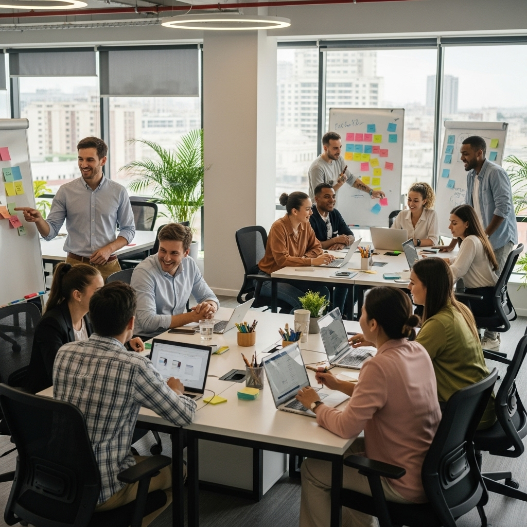 A bright open office space with diverse colleagues smiling and collaborating around large tables, engaged in lively brainstorming and teamwork that highlights leadership and professional opportunities.