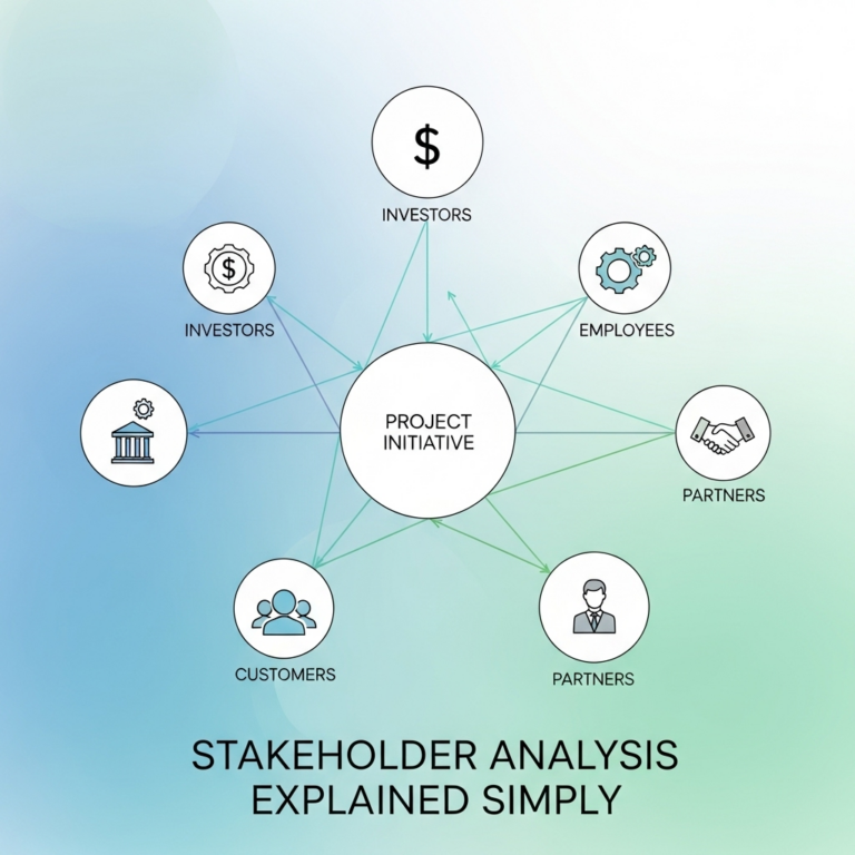 The alt description is: Abstract square image featuring interconnected geometric shapes and colorful nodes symbolizing relationships and communication, visually representing the concept of stakeholder analysis explained simply.