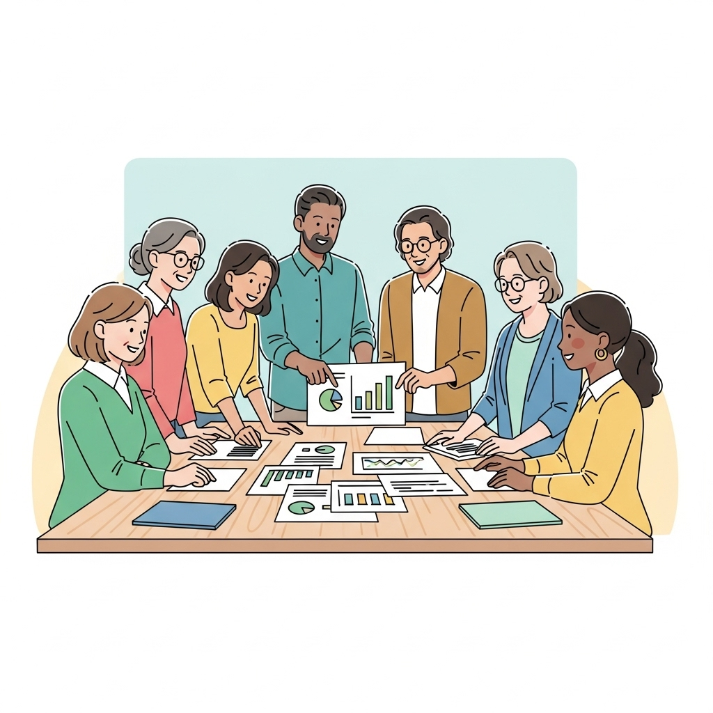 A warm and inviting illustration of a diverse group of people gathered around a table covered with charts and documents, engaged in a collaborative discussion. The scene uses soft colors and a clean design, emphasizing teamwork and inclusivity without any text.