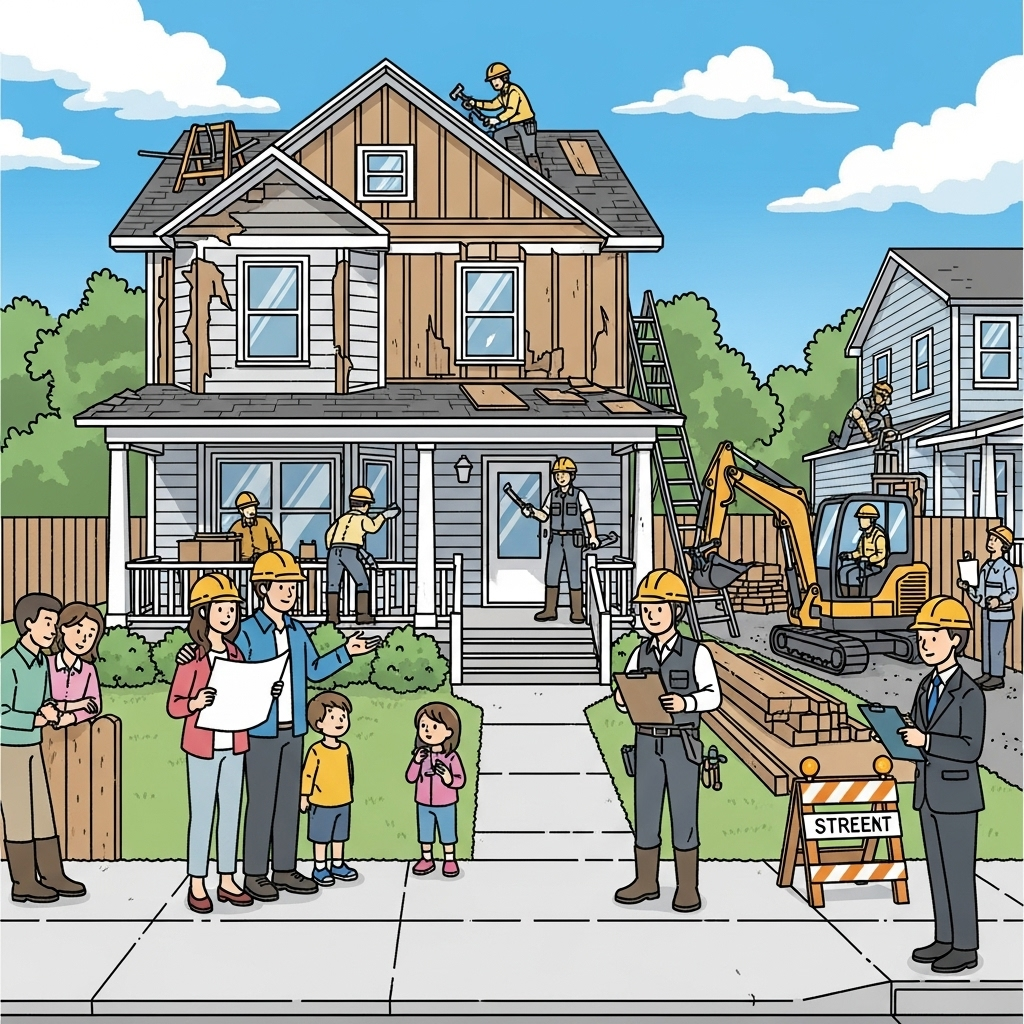 An illustration of a home renovation project showing distinct groups involved, including family members, contractors, neighbors, and city officials, each represented with clear and simple features.