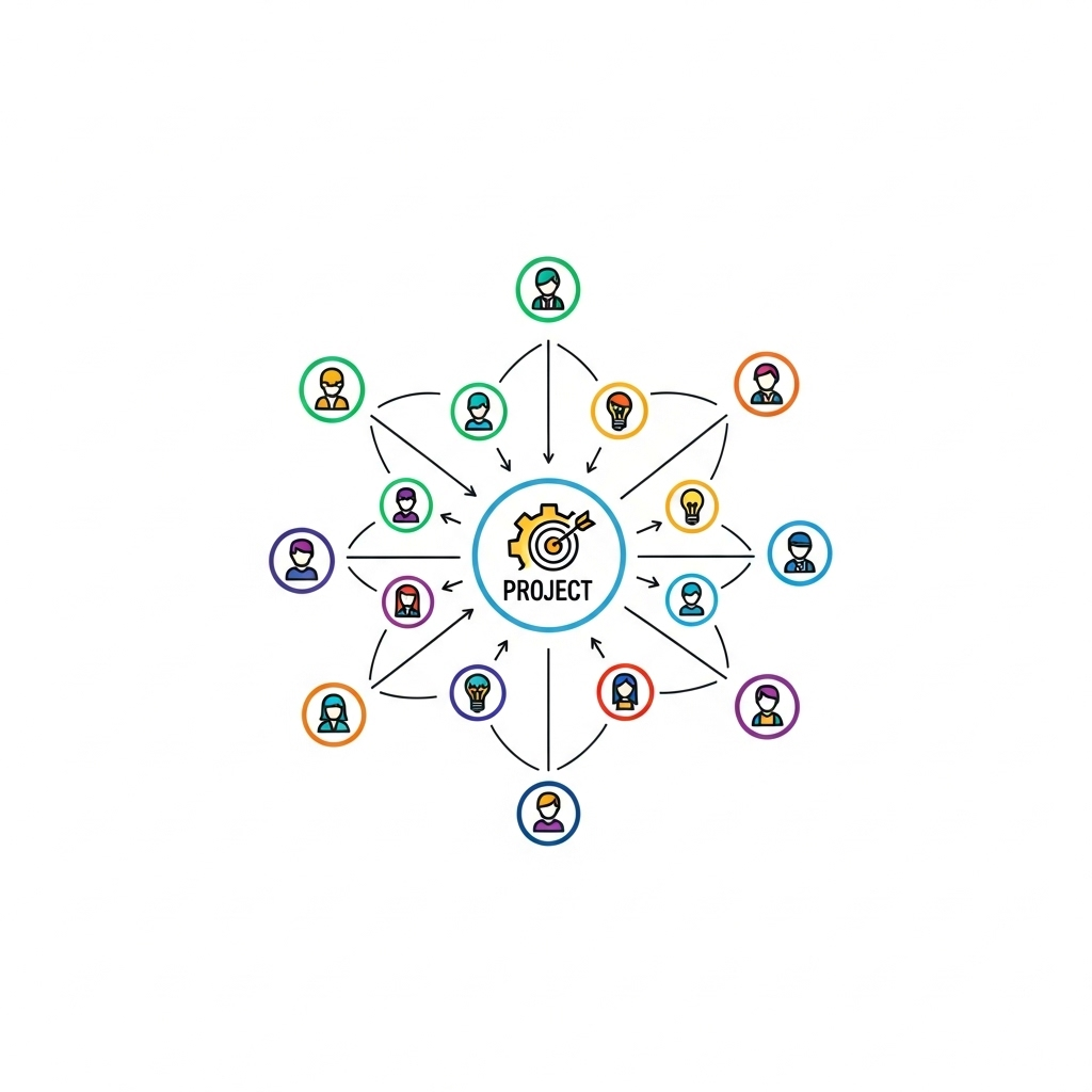 A clean diagram showing circles of different sizes and distances surrounding a central project icon, with arrows and lines connecting them to illustrate relationships, all in bright, easy-to-understand colors and without any labels or text.