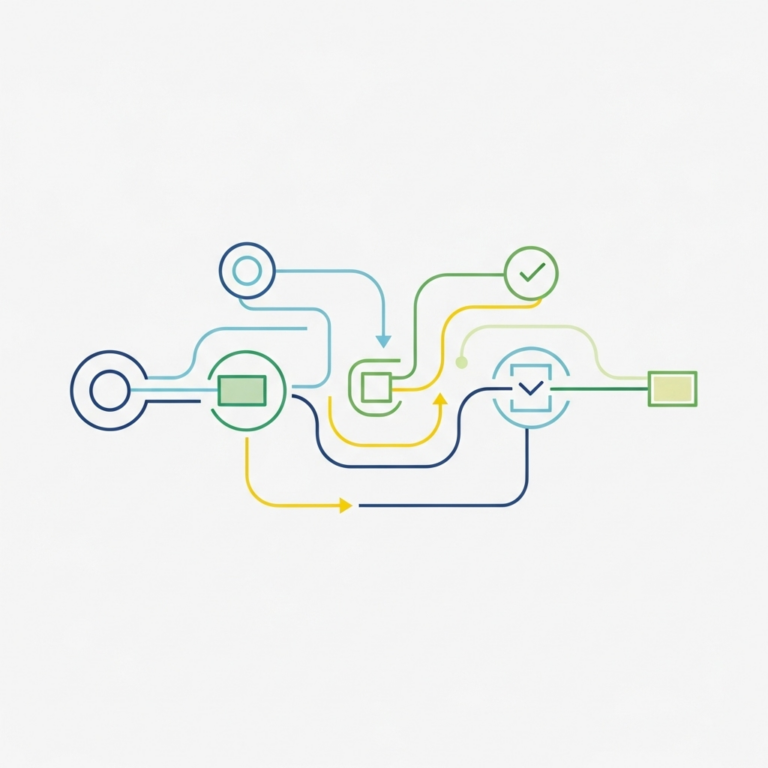 An abstract square image featuring interconnected shapes and arrows symbolizing the concept of user flow, illustrating a simple and intuitive path through a digital interface for a blog post titled "User Flow: A Simple Introduction."