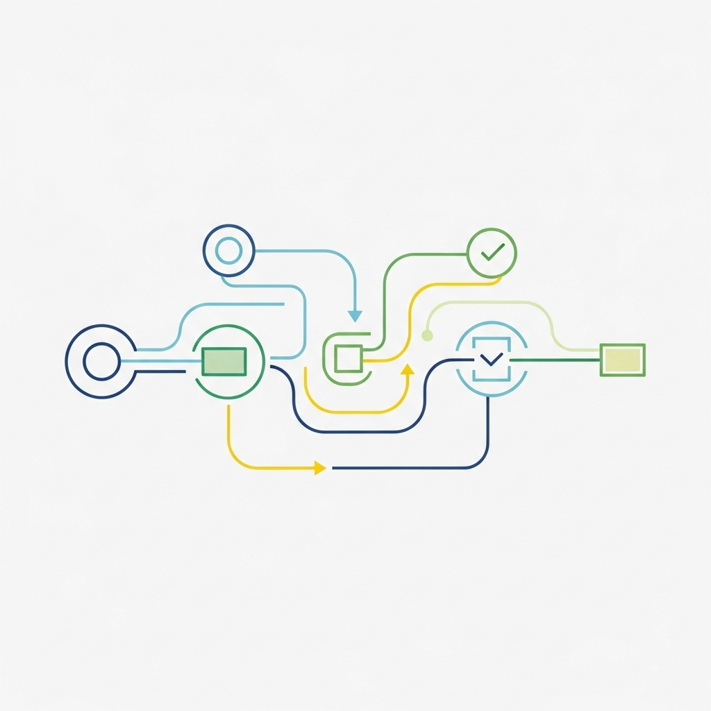 The alt description is: An abstract square image featuring interconnected shapes and arrows symbolizing the concept of user flow, illustrating a simple and intuitive path through a digital interface for a blog post titled
