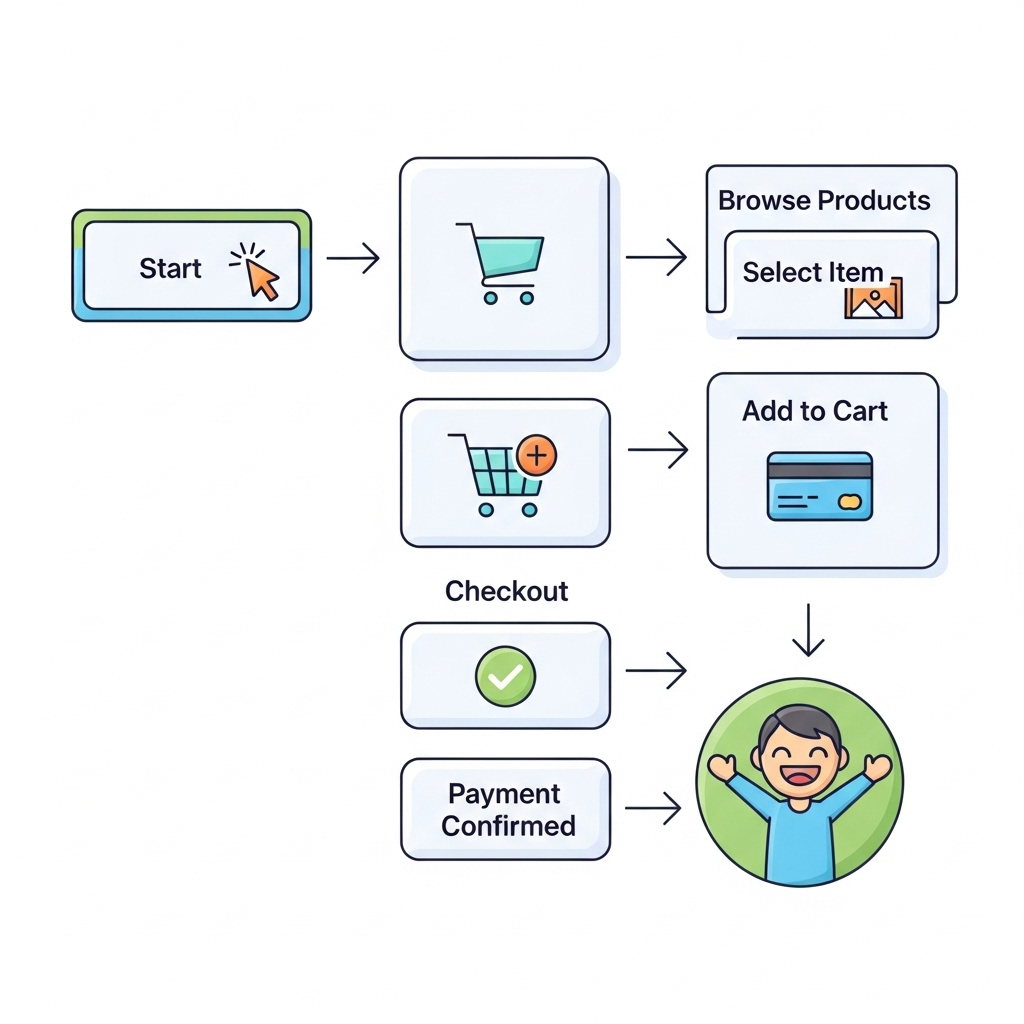 A colorful and friendly diagram illustrating the progression through a website with arrows and boxes, ending with a smiling user icon, designed in a simple and approachable style for non-technical viewers.