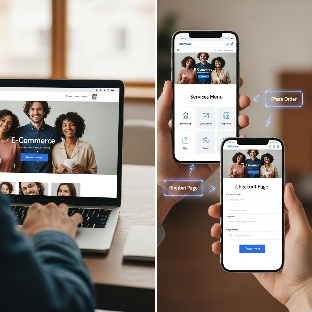A welcoming and clear illustration of a person navigating a website on a smartphone, with highlighted steps such as homepage, service menu, and checkout shown to represent the user flow.