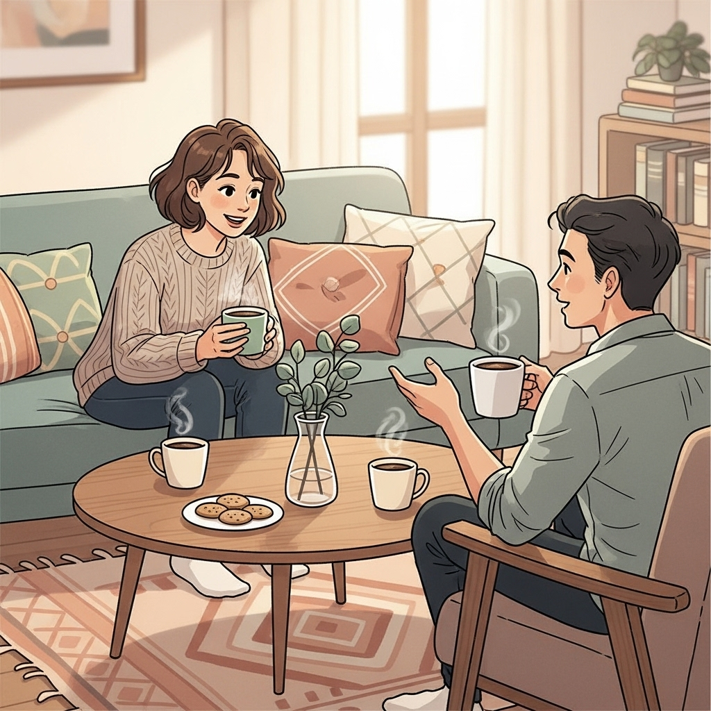 A warm, modern illustration of two people enjoying coffee together in a cozy living room, capturing a moment of connection and understanding in an inviting, soft style.