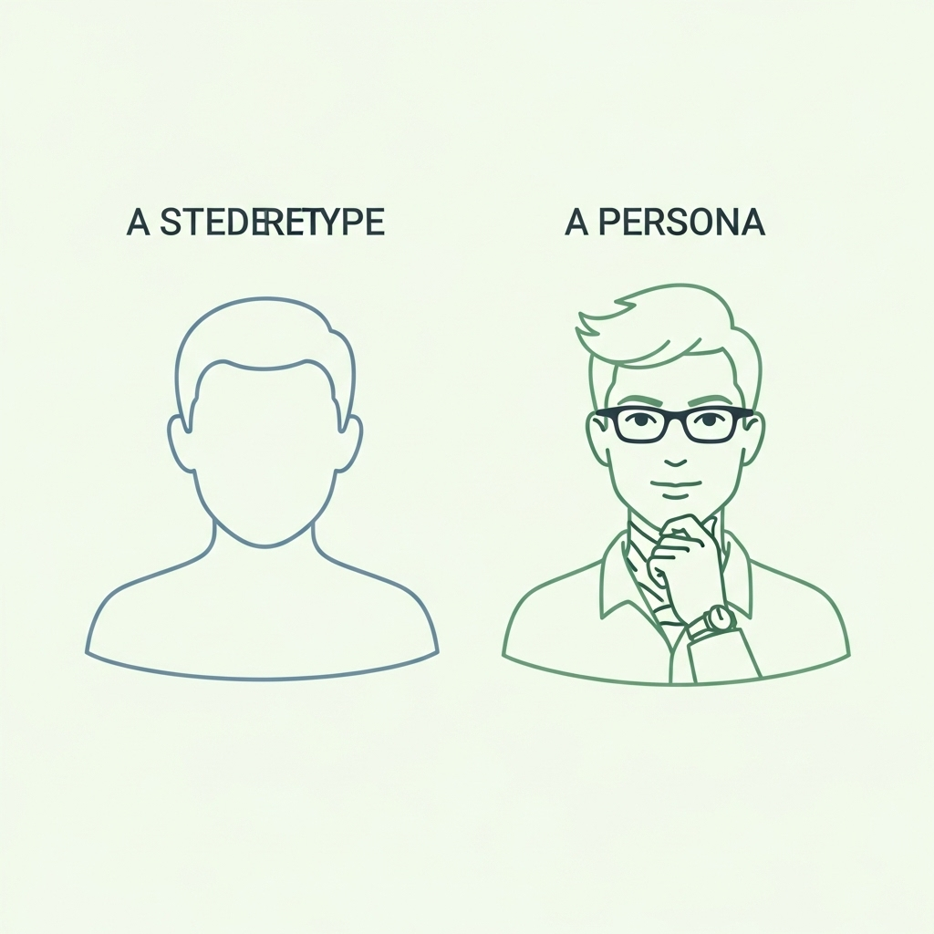 A simple graphic displaying two side-by-side outlines: one generic and one with more detail and personality, illustrating the difference between a stereotype and a persona. The design uses soft colors and has a clear, approachable style with no text elements.