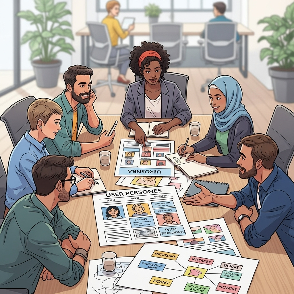 An illustration showing a diverse group of coworkers around a table, engaged in a collaborative discussion with friendly expressions, focusing on user profiles and teamwork.