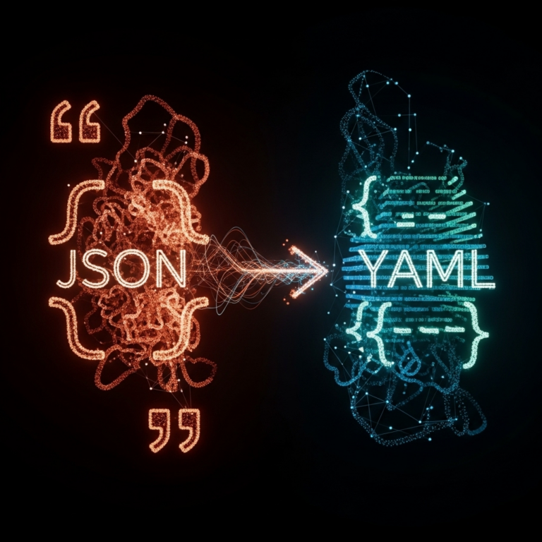 An abstract, square-shaped graphic symbolizing the conversion process from JSON to YAML, featuring stylized code elements and data structures to visually represent the theme "JSON to YAML: Understanding the Basics."