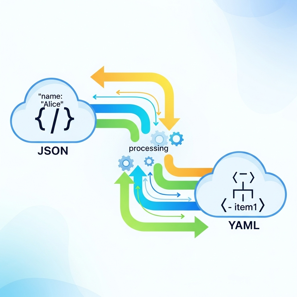 An illustration depicting the transformation of data with colorful arrows flowing from a JSON icon to a YAML icon, using clear, simple visuals and a modern, friendly style designed to help beginners understand the conversion process.