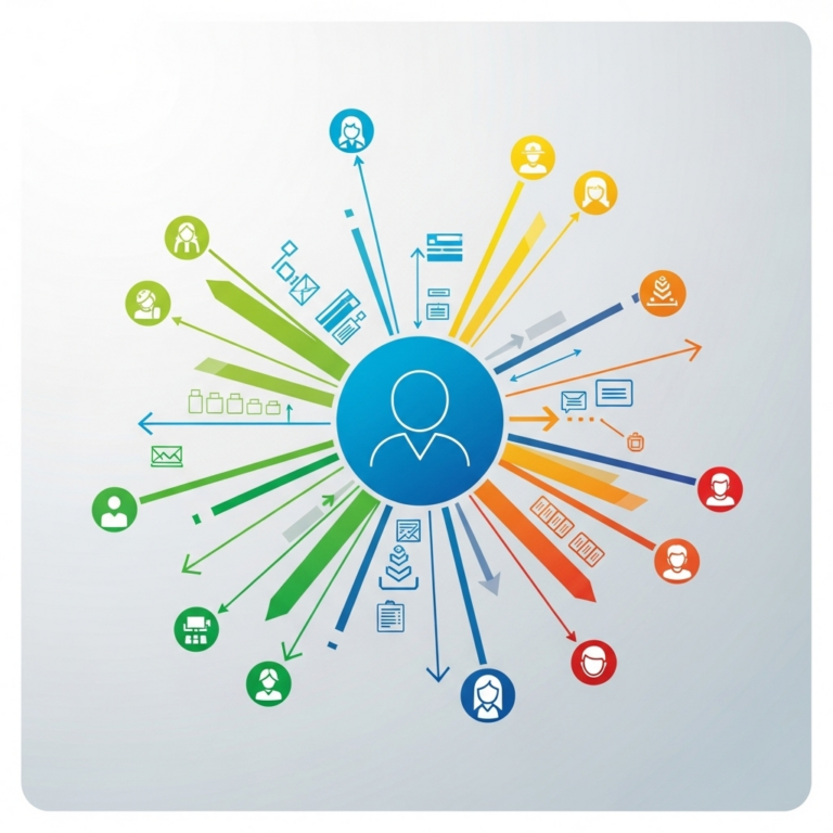 Abstract square image featuring interconnected shapes and dynamic lines symbolizing collaboration and leadership, representing the Product Owner as a core role in Agile teams.