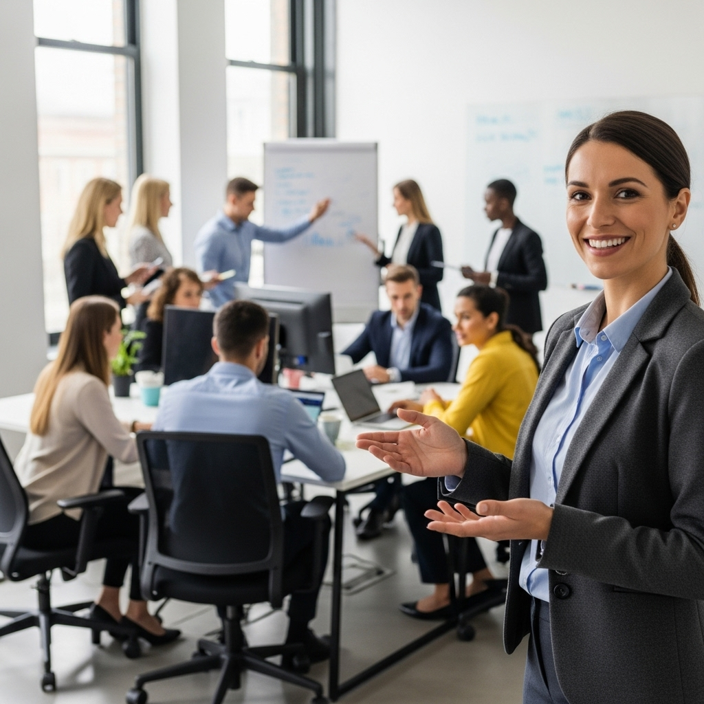 A friendly business professional explaining a key role in a modern open office environment, with diverse team members collaborating in the background, creating a professional yet approachable atmosphere.