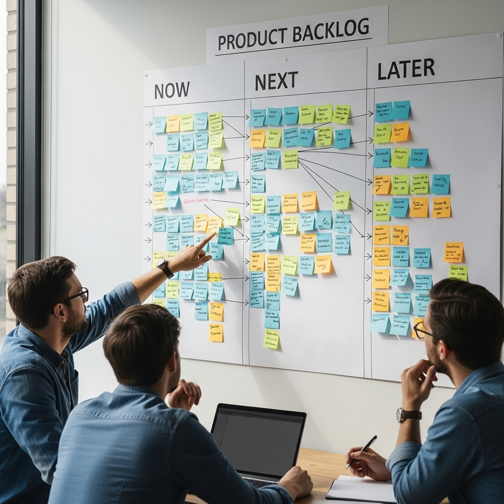 An organized and visually appealing backlog board displayed on a wall, featuring sticky notes arranged with clear item priorities, while team members engage in discussion under natural lighting.