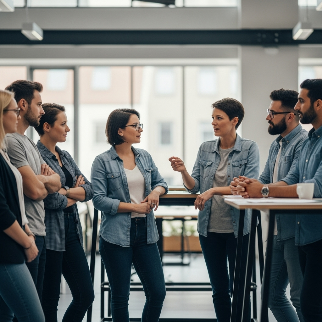Agile team members gathered in a stand-up meeting, engaged and attentive, with one person speaking and others listening in a collaborative workspace.