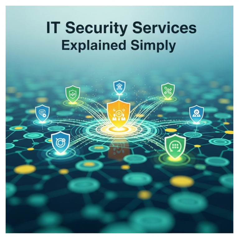 Abstract square image featuring interconnected digital locks and circuit lines symbolizing IT security services, designed to visually represent the concept of protecting information systems simply and effectively.