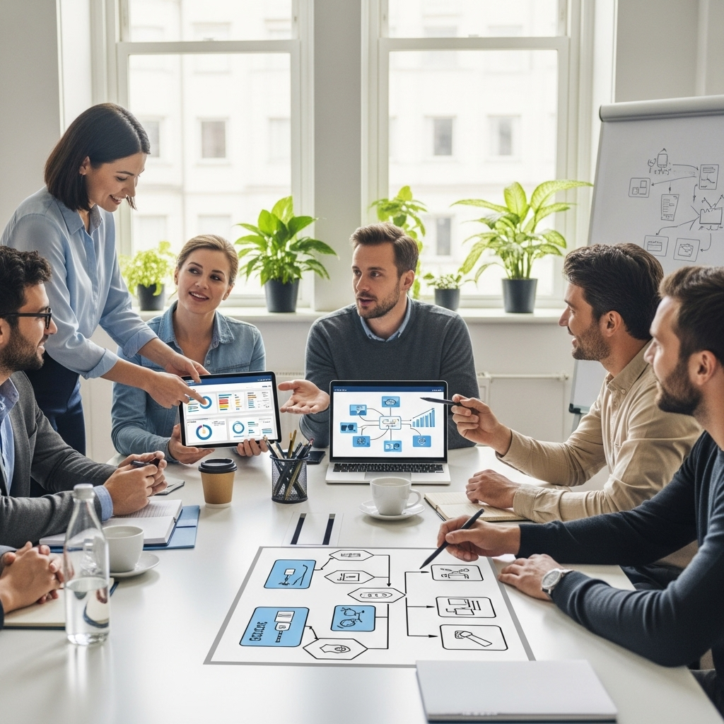 A modern office space with a diverse group of professionals gathered around a table, engaged in a collaborative discussion while reviewing digital devices and security charts, conveying a sense of trust and clarity.