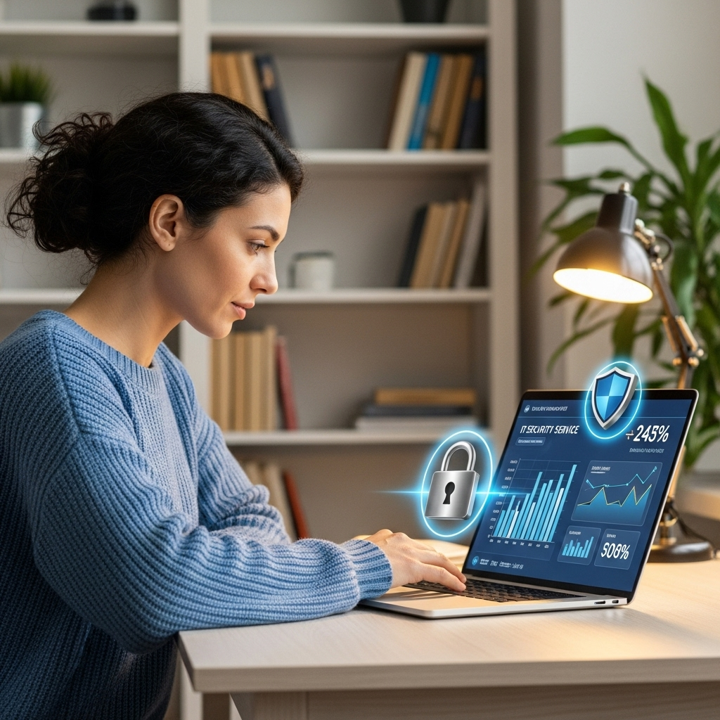 A realistic illustration of a small business owner sitting at a cozy desk, reviewing detailed cyber protection reports on a laptop screen that features clear digital locks and shield icons, emphasizing the importance of security in a warm, inviting setting.