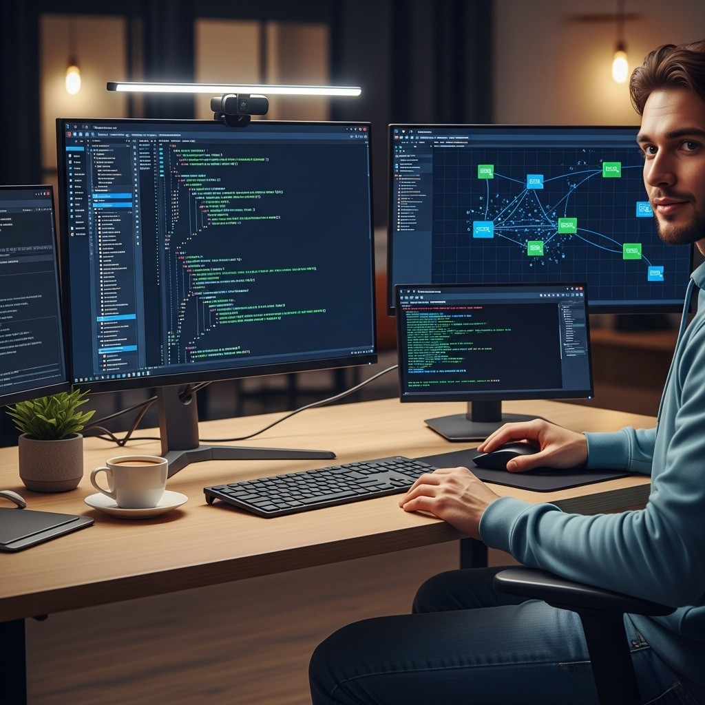 An ethical hacker working on security testing with several computer screens displaying code and simulated attacks in a clean, professional, and welcoming environment.