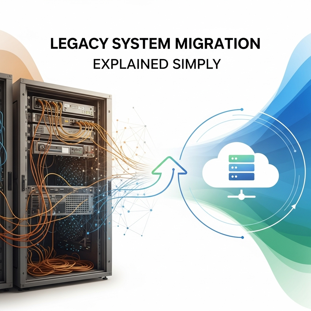 Abstract square image featuring interconnected digital nodes and streamlined pathways in cool blue and green tones, symbolizing the seamless flow and modernization involved in legacy system migration.