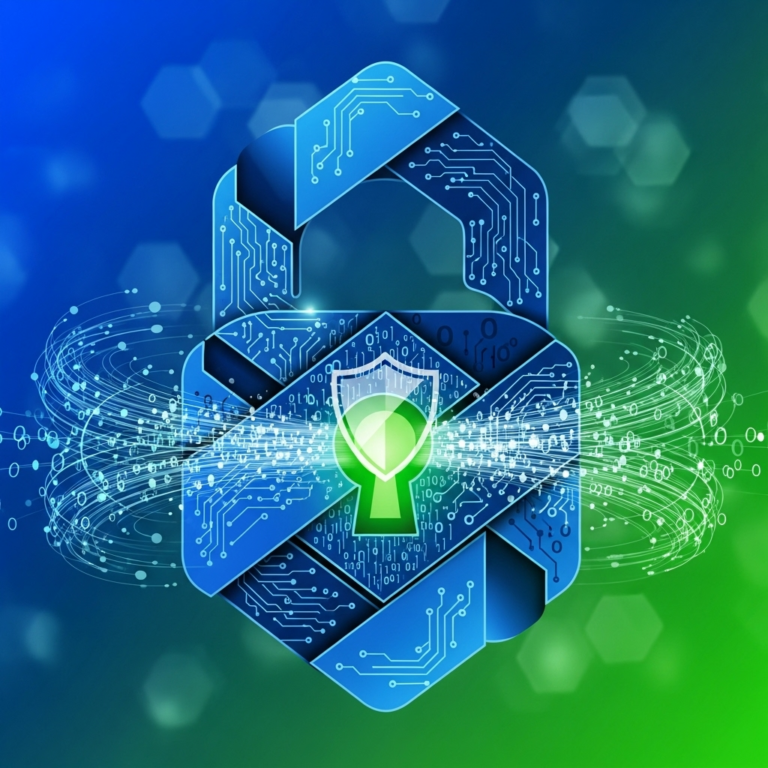 The alt description is: A square abstract digital artwork featuring interconnected shield icons, locks, and flowing data streams in blue and green hues, symbolizing secure data management and the ease of staying protected.