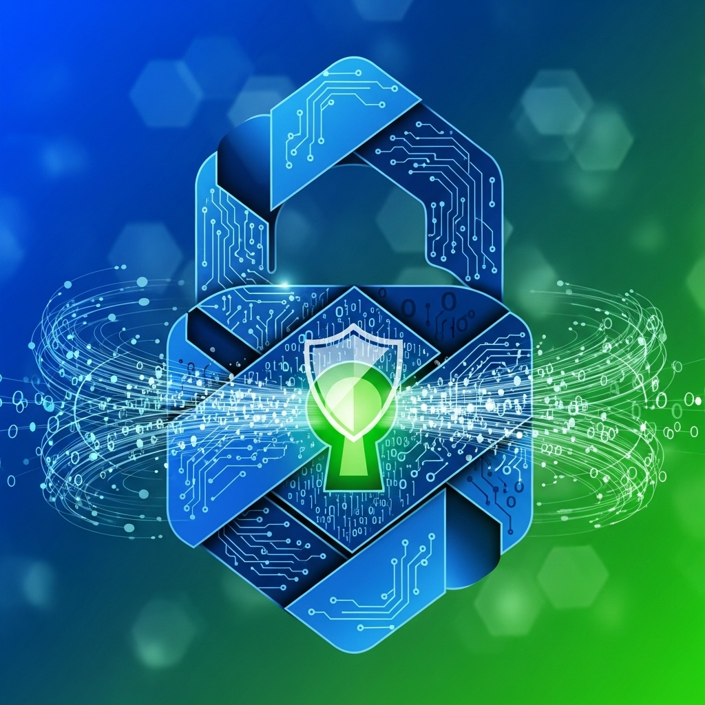 The alt description is: A square abstract digital artwork featuring interconnected shield icons, locks, and flowing data streams in blue and green hues, symbolizing secure data management and the ease of staying protected.