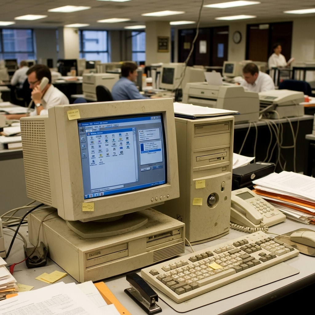An aging desktop computer displaying dated software interfaces, positioned in a bustling office setting that conveys reliability despite its outdated appearance compared to current technology.