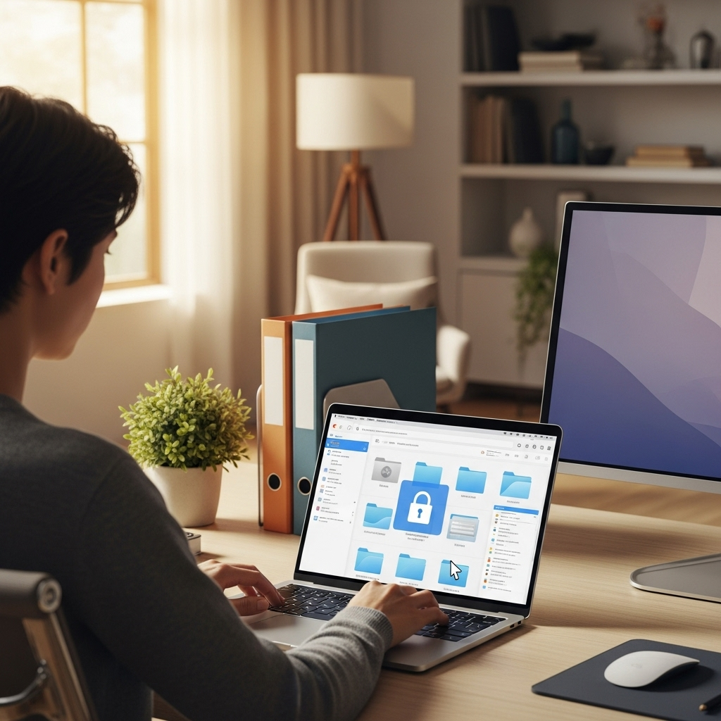 A bright and organized home office with a person working on a laptop surrounded by neatly arranged folders, bathed in gentle natural light, conveying a sense of order and safety.