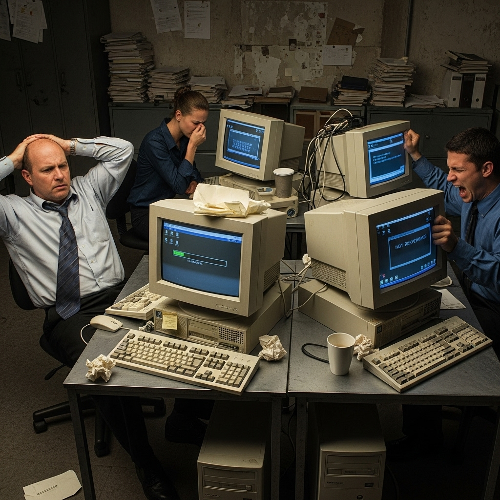 A photo of frustrated office employees working on slow, outdated computers with bulky monitors and old keyboards, highlighting the challenges of legacy technology in a modern workplace.