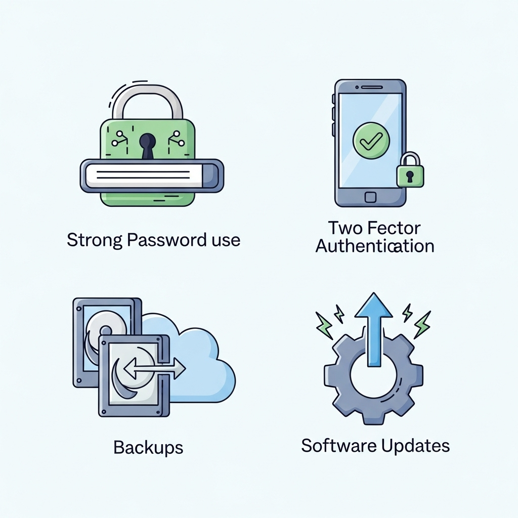 An illustrated checklist featuring icons representing data protection tips like strong passwords, two-factor authentication, backups, and software updates, arranged on a clean, light background with a friendly, non-technical style.