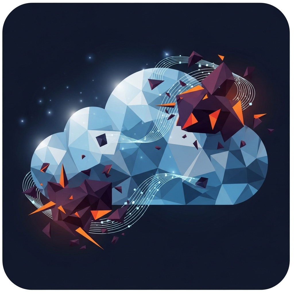 The alt description is: An abstract square image featuring digital cloud icons interconnected with security symbols, representing the top cloud security challenges and solutions explained in a blog post.