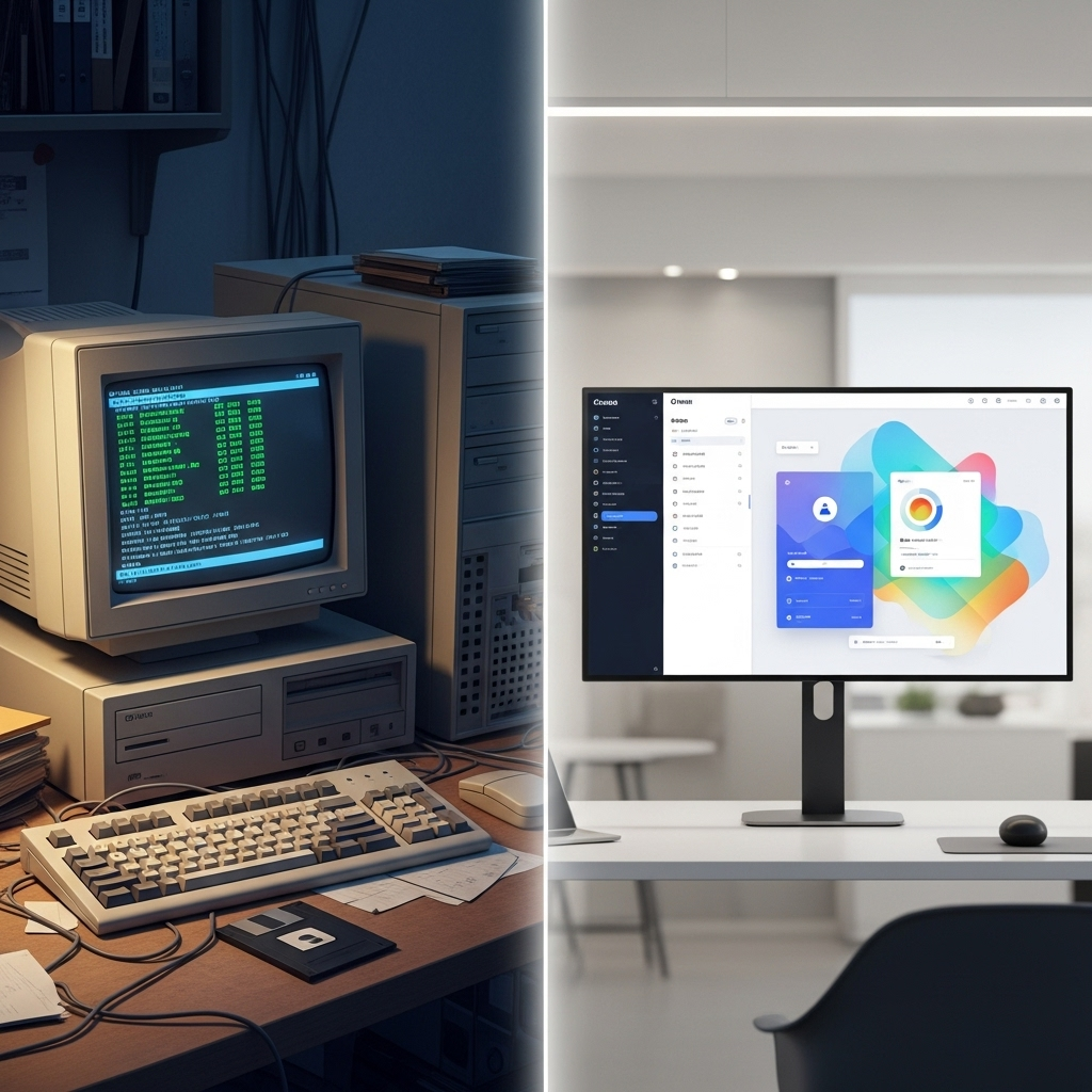 A side-by-side view showing an outdated computer system next to a bright, modern cloud-based interface, illustrating the contrast between old technology and contemporary innovation.