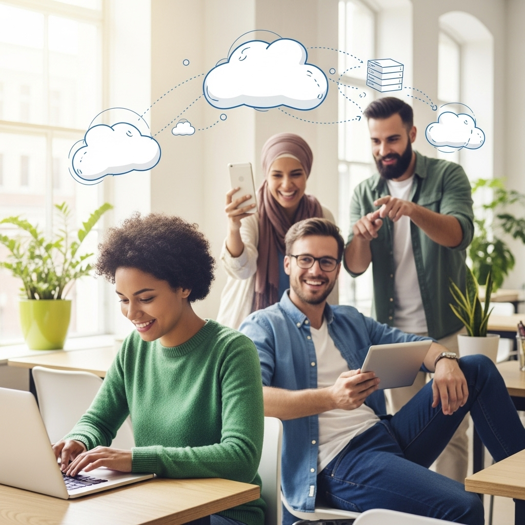 A diverse group of people using laptops, phones, and tablets together in a bright setting, with cloud icons floating above to represent cloud data storage, conveying a modern lifestyle and approachable security.