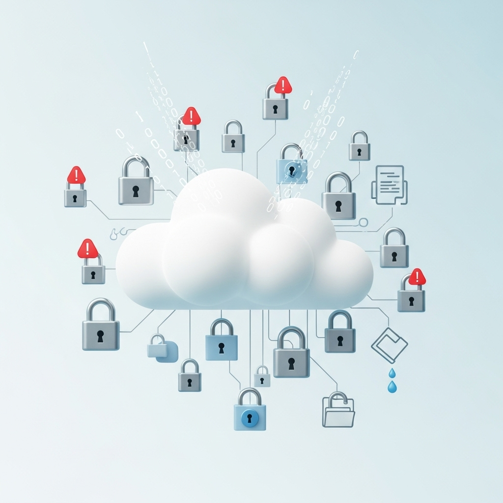 A simple and clear illustration of a cloud encircled by small padlocks and alert icons, visually representing risks such as hacking and accidental data leaks in a way that is easy to understand for non-technical viewers.