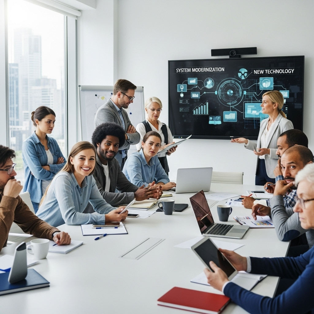 A diverse group of employees gathered in a meeting room, displaying a mix of excitement and hesitation as they engage in a session about new technology and system modernization.