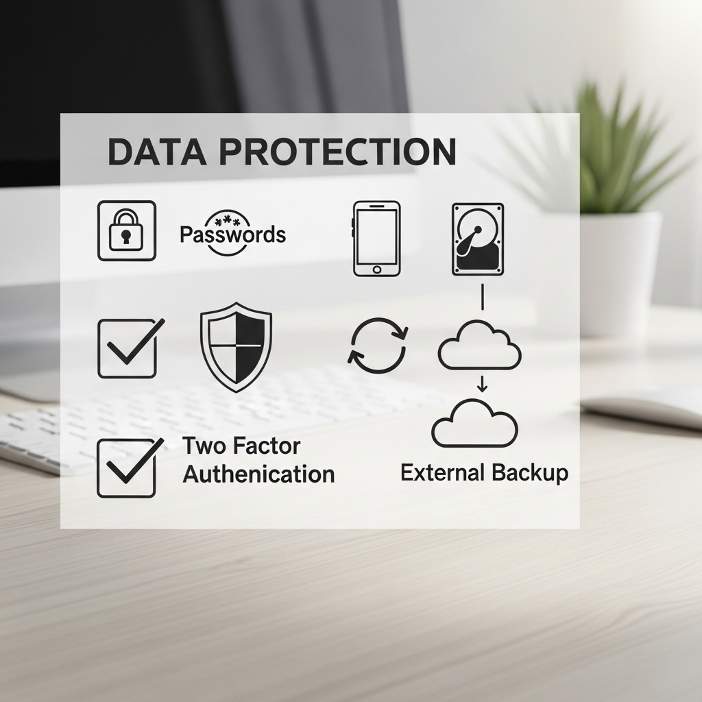 A checklist titled 'Data Protection' displayed on a clean workspace background, featuring icons representing a password, shield, two-factor authentication phone, and backup drive, illustrating simple and practical cloud data protection solutions.